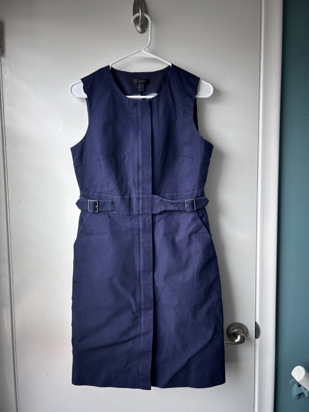 J. Crew Sleeveless Navy Belted Midi Dress